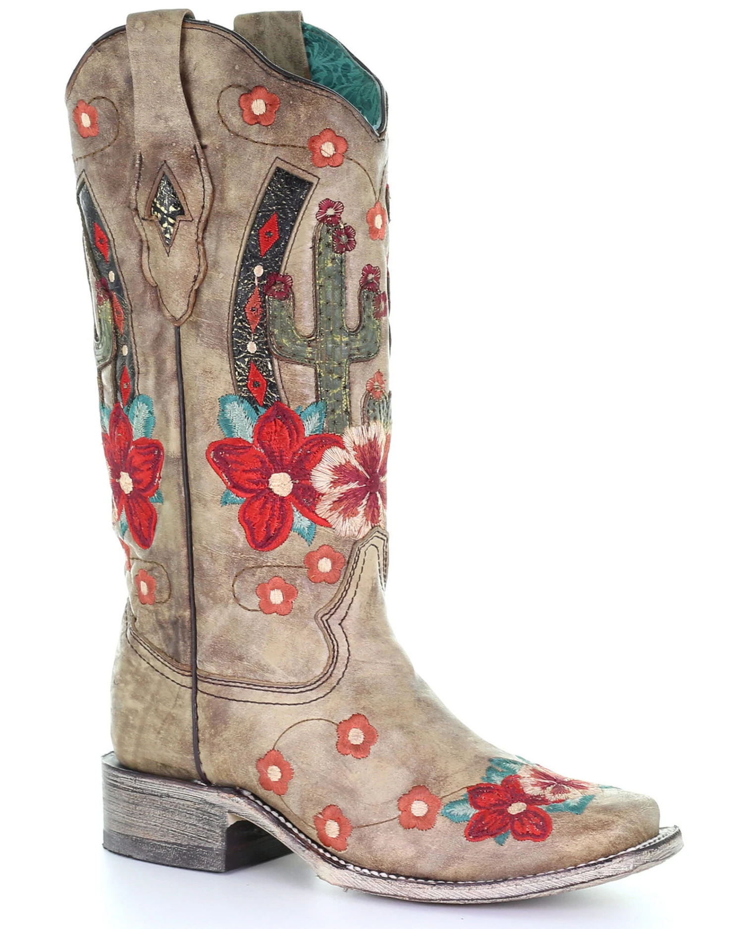 Corral Women's Cactus Floral Embroidery Overlay Western Boots - Square Toe 1 Corral Women's Cactus Floral Embroidery Overlay Western Boots - Square Toe