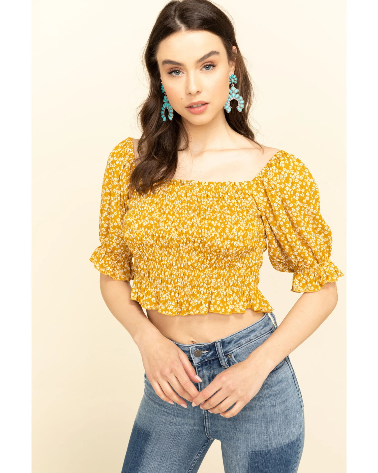 Loveriche Women's Floral Print Smocked Crop Top 1 Loveriche Women's Floral Print Smocked Crop Top