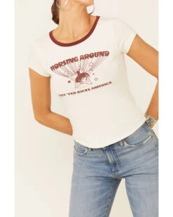 Shyanne Women's Off-White Horsing Around Graphic Short Sleeve Ringer Tee 6 Shyanne Women's Off-White Horsing Around Graphic Short Sleeve Ringer Tee -Ariat Western Outlet Store 2000338215 105 P3