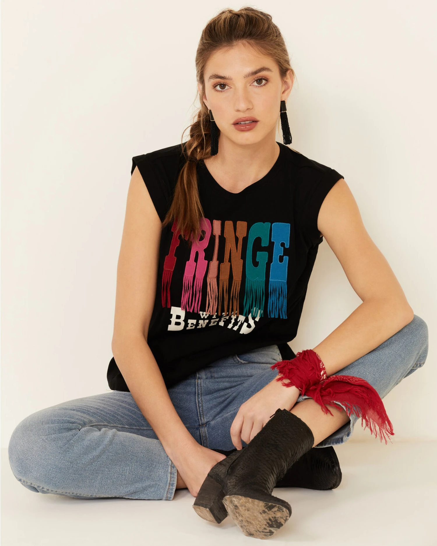 Shyanne Women's Fringe With Benefits Graphic Muscle Tee 1 Shyanne Women's Fringe With Benefits Graphic Muscle Tee