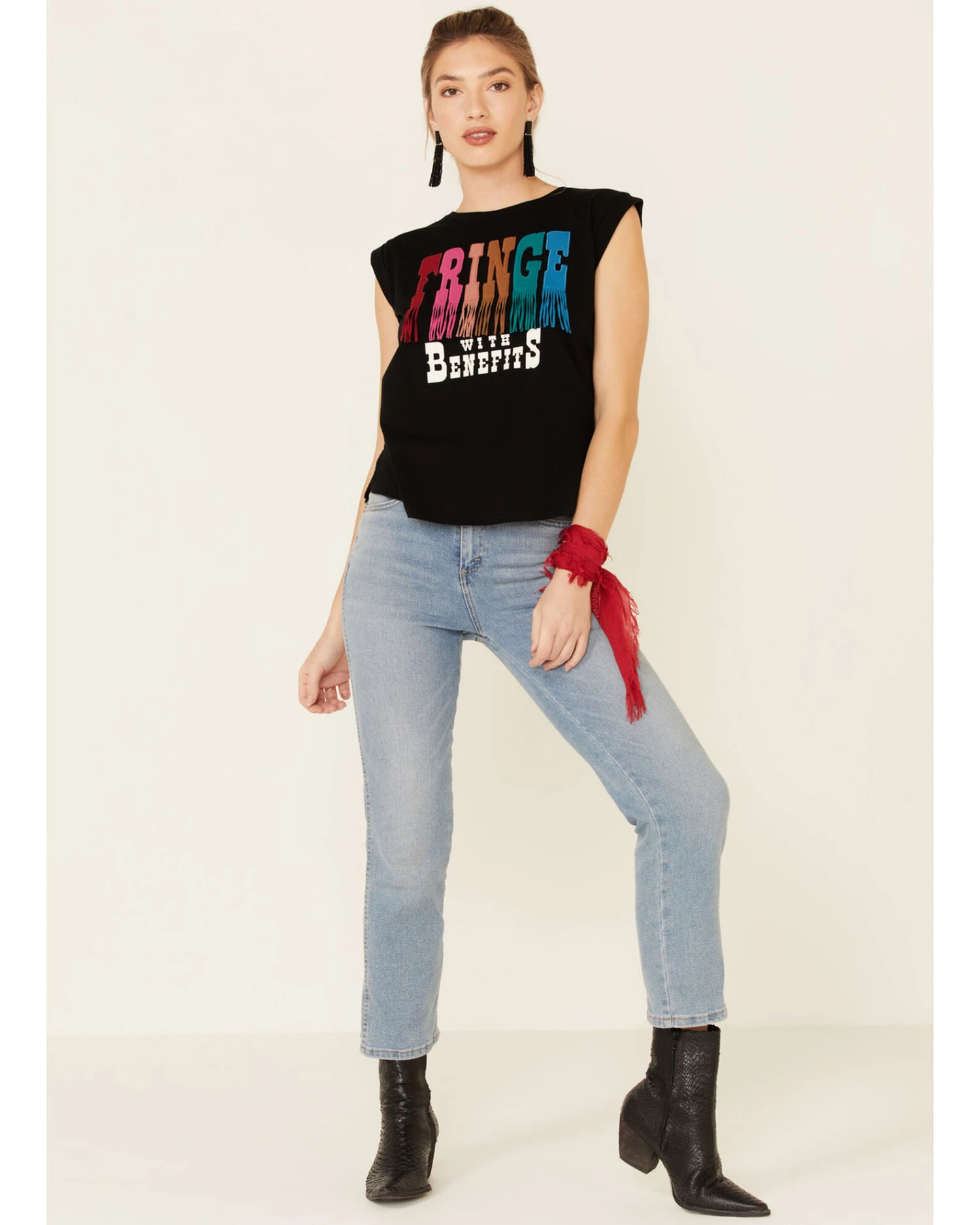 Shyanne Women's Fringe With Benefits Graphic Muscle Tee 2 Shyanne Women's Fringe With Benefits Graphic Muscle Tee - Image 2