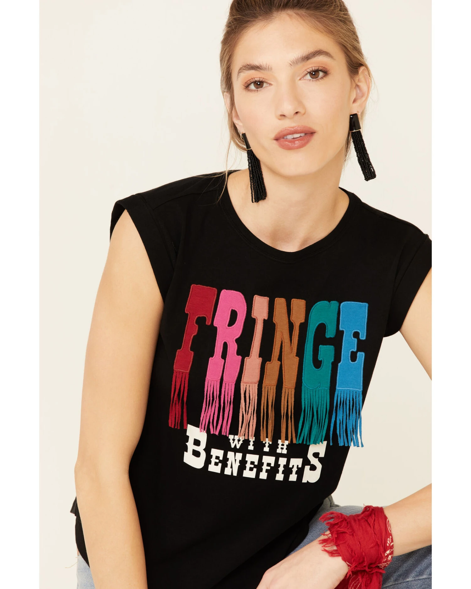 Shyanne Women's Fringe With Benefits Graphic Muscle Tee 4 Shyanne Women's Fringe With Benefits Graphic Muscle Tee - Image 4