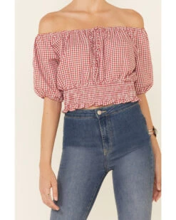 Beyond The Radar Women's Gingham Off-Shoulder Peasant Crop Top  -Ariat Western Outlet Store 2000343879 600 P3