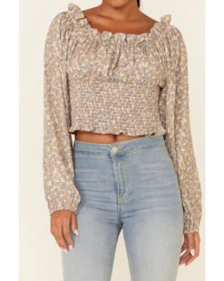 Beyond The Radar Women's Ditsy Smocked Long Sleeve Peasant Crop Top  -Ariat Western Outlet Store 2000343880 200 P3