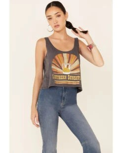 Goodie Two Sleeves Women's Charcoal Southern Sunsets Graphic Crop Tank Top