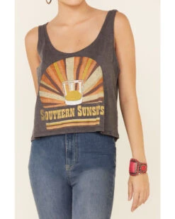 Goodie Two Sleeves Women's Charcoal Southern Sunsets Graphic Crop Tank Top -Ariat Western Outlet Store 2000343919 022 P3