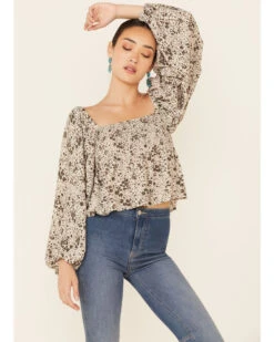 By Together Women's Floral Print Smocked Long Sleeve Crop Top 