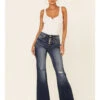 Shyanne Women's Dark High Rise Flare Distressed Knee Flare Stretch Denim Jeans