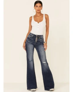 Shyanne Women's Dark High Rise Flare Distressed Knee Flare Stretch Denim Jeans