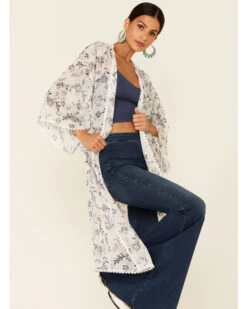 Wild Moss Women's Floral Print Chiffon Open Front Kimono