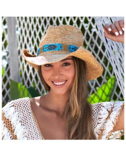Nikki Beach Women's Natural Mazatlan Crochet Raffia Straw Western Hat  -Ariat Western Outlet Store 2000352520 101 P3