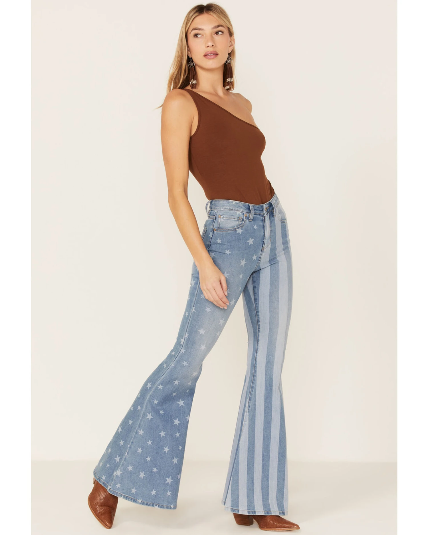 Shyanne Women's Stars & Stripes Print High Rise Super Flare Jeans 1 Shyanne Women's Stars & Stripes Print High Rise Super Flare Jeans