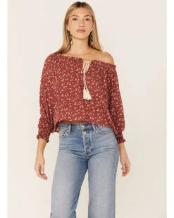 Wild Moss Women's Rust Floral Peasant Top