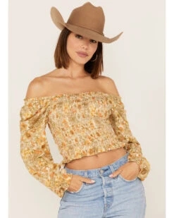 Jolt Women's Floral Print Smocked Long Sleeve Crop Top