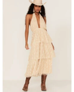 Flying Tomato Women's Floral Lace Halter Tiered Midi Dress