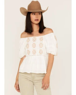 Miss Me Women's Embroidered Puff Sleeve Top