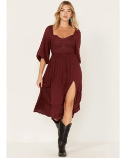 Shyanne Women's Embroidered Mesh Dot Poet Sleeve Midi Dress