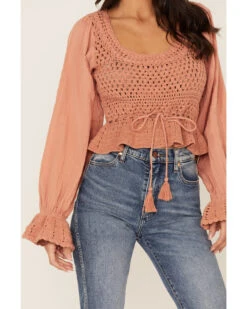 Free People Women's Megan Crochet Knit Peplum Puff Sleeve Top -Ariat Western Outlet Store 2000374746 103 P3