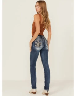 Miss Me Women's Dark Wash Mid Rise Embroidered Fleur De Lis Jeans