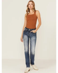 Miss Me Women's Dark Wash Mid Rise Embroidered Fleur De Lis Jeans -Ariat Western Outlet Store 2000378173 401 P3