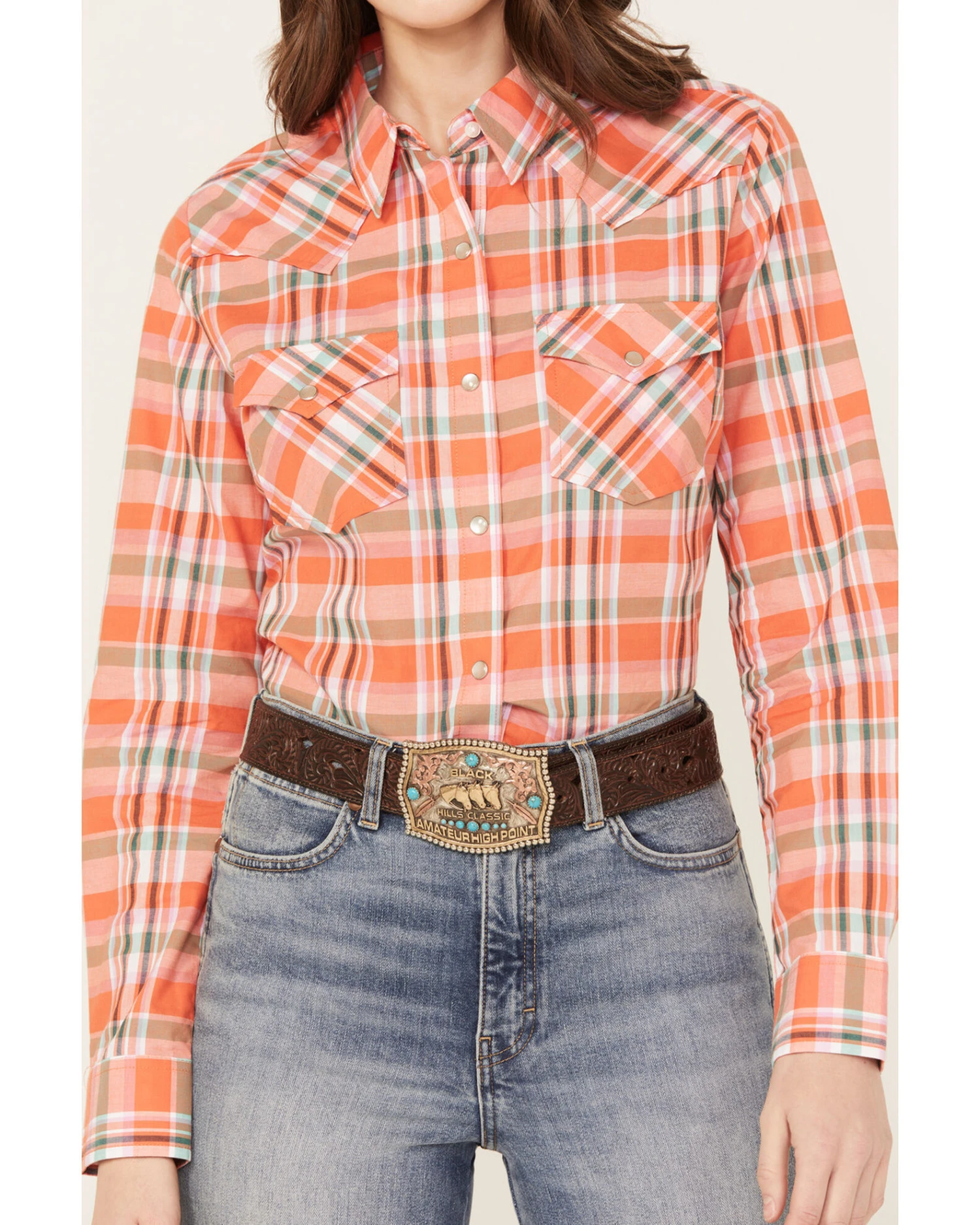 Wrangler Women's Plaid Print Long Sleeve Western Pearl Snap Shirt 3 Wrangler Women's Plaid Print Long Sleeve Western Pearl Snap Shirt - Image 3