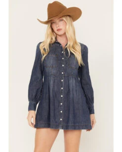 Shyanne Women's Medium Wash Long Sleeve Denim Shirt Dress