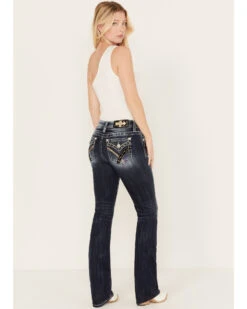 Miss Me Women's Dark Wash Mid Rise Velvet Rhinestone Embroidered Bootcut Jeans