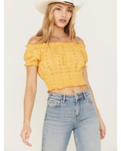 Cleo + Wolf Women's Knit Eyelet Smocked Crop Top