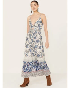 Angie Women's Knot Front Border Maxi Dress