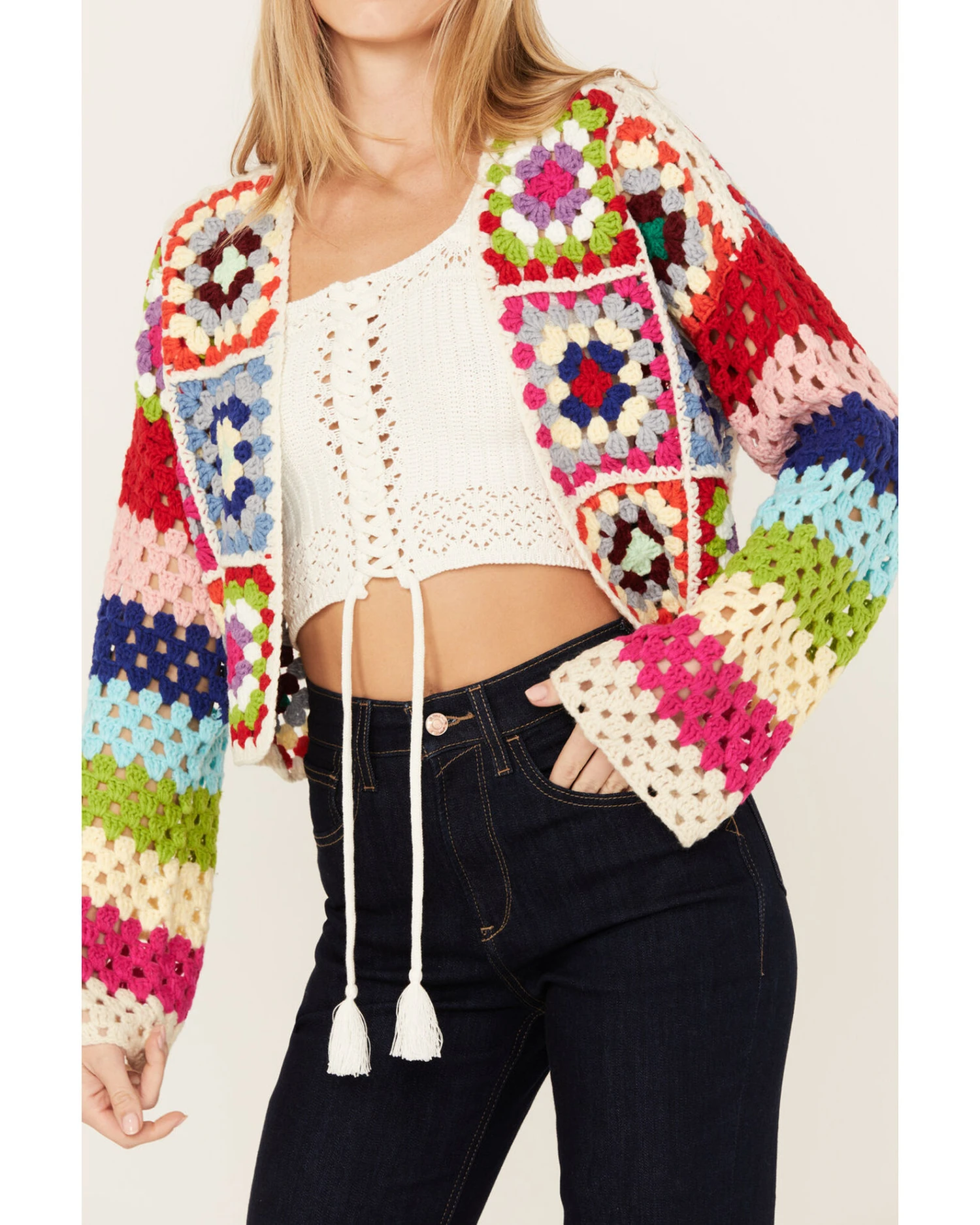 Revel Women's Crochet Patchwork Long Sleeve Cardigan 3 Revel Women's Crochet Patchwork Long Sleeve Cardigan - Image 3