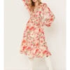 Flying Tomato Women's Floral Print Long Sleeve Midi Dress
