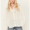 POL Women's Lace Yoke Long Sleeve Button Down Shirt