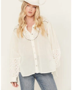 POL Women's Lace Yoke Long Sleeve Button Down Shirt