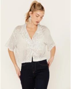 POL Women's Sequin Button Up Top